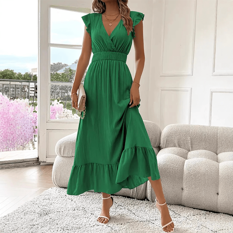 Ruffle Detail Maxi Dress Defined Waist V Neck Product Image 02