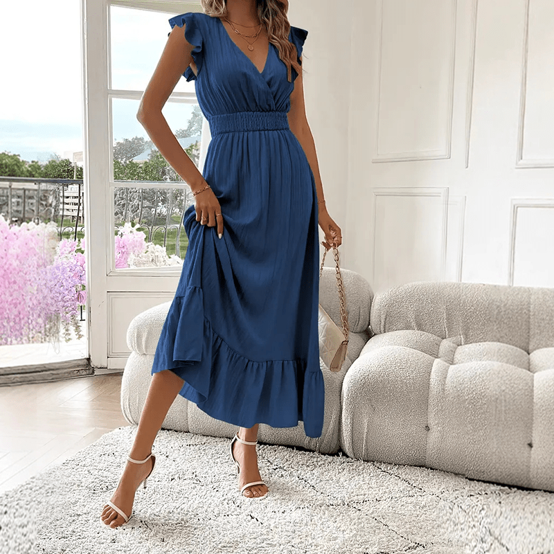 Ruffle Detail Maxi Dress Defined Waist V Neck Product Image 03