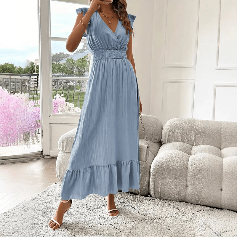 Ruffle Detail Maxi Dress Defined Waist V Neck Product Image 04