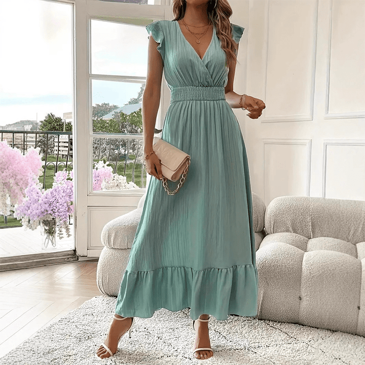 Ruffle Detail Maxi Dress Defined Waist V Neck Product Image 05