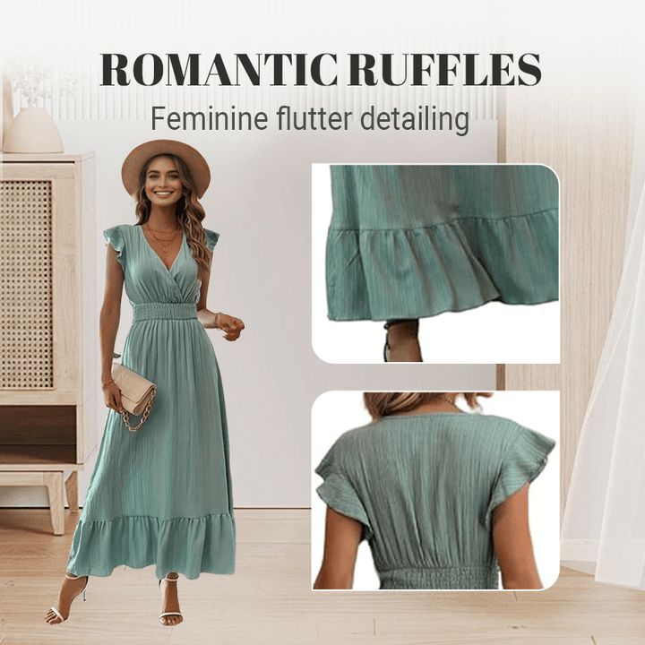 Ruffle Detail Maxi Dress Defined Waist V Neck Product Image 06
