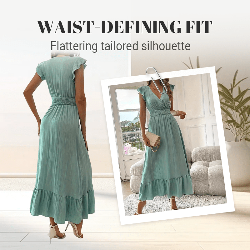 Ruffle Detail Maxi Dress Defined Waist V Neck Product Image 07
