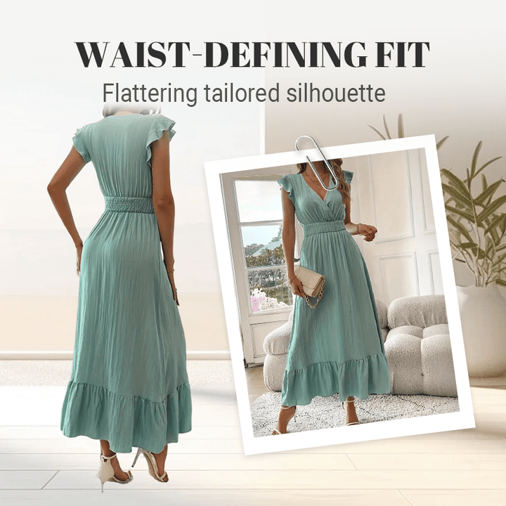 Ruffle Detail Maxi Dress Defined Waist V Neck Product Image 07