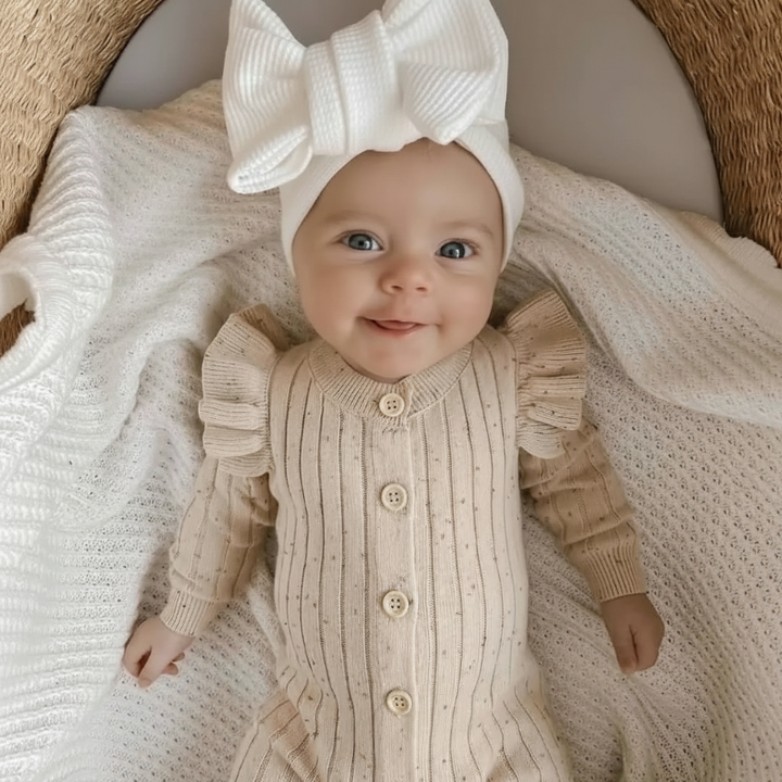 Baby in a ribbed beige romper with ruffled shoulders and a white bow headband