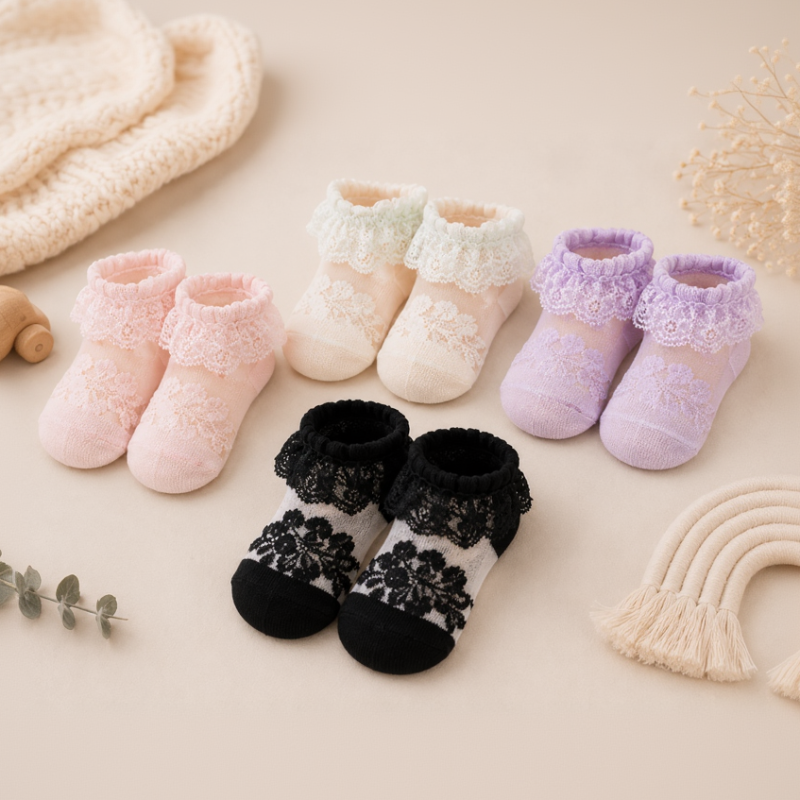Pink, cream, lavender, and black baby socks with ruffled lace cuffs.