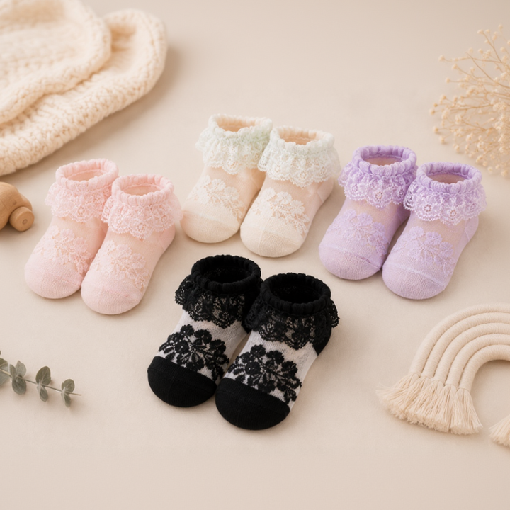 Pink, cream, lavender, and black baby socks with ruffled lace cuffs.