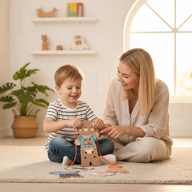 An adult and child lace the wooden bear together on a rug with clothing pieces nearby.
