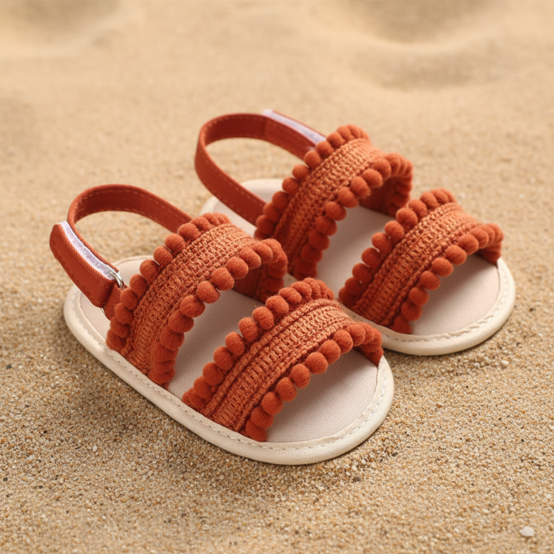 Rust-colored baby sandals with two pom-pom-trimmed front straps and heel straps on sand.