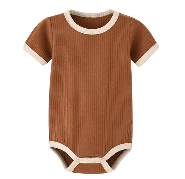 Rust brown ribbed baby romper with cream trim and three bottom snaps