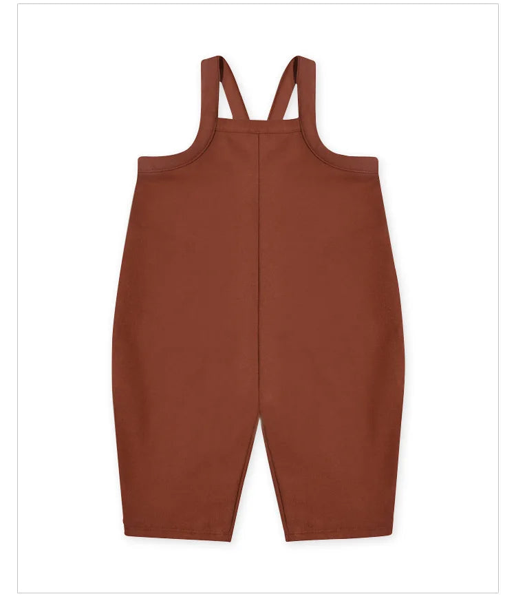 Rust brown Type A baby overalls with a plain front and shoulder straps