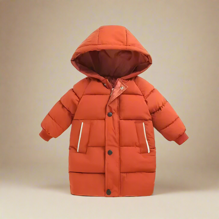 Rust-orange hooded winter coat with button details and trimmed front pockets