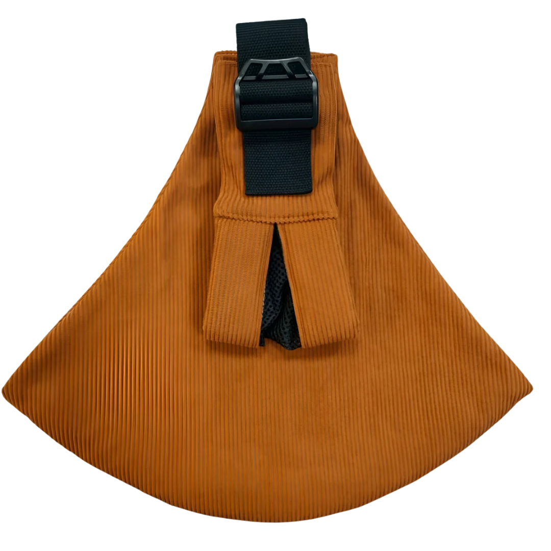 Rust-colored ribbed hip carrier with a black buckle and adjustable strap
