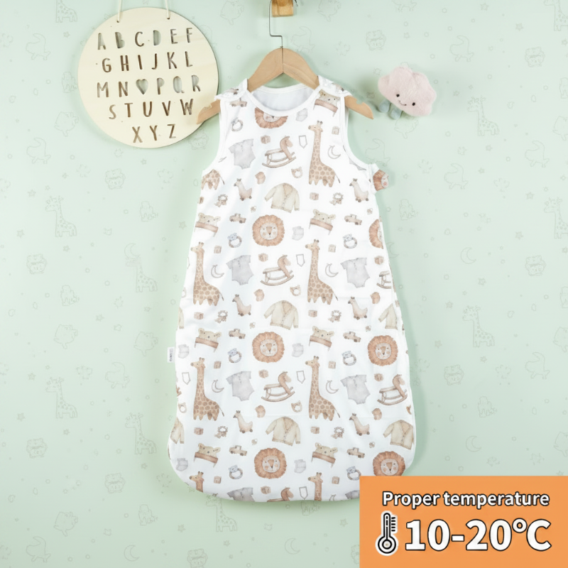 White safari animal-print baby sleep sack with giraffes and other animals on a hanger