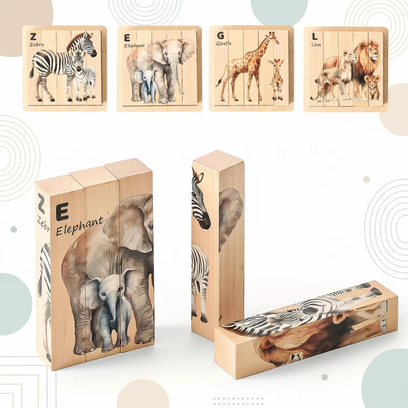 Wooden animal block puzzle with four safari pictures and chunky rectangular pieces