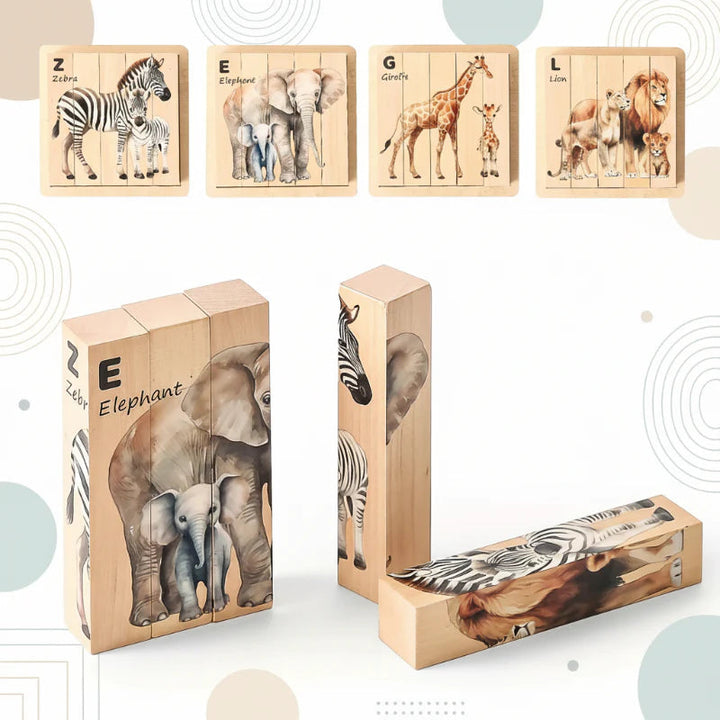 Wooden animal block puzzle with four safari pictures and chunky rectangular pieces