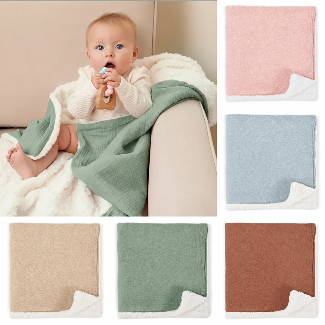 Baby with a sage green blanket beside five blanket color options