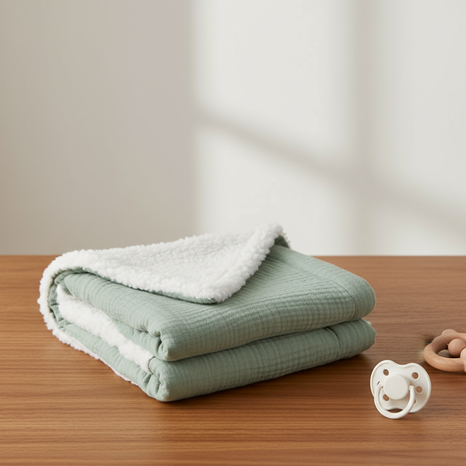 Folded sage green baby blanket with the white sherpa backing turned outward