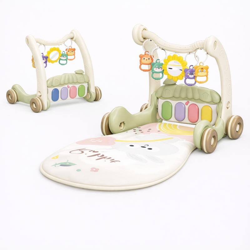 Sage green musical gym and upright walker with colorful piano keys, hanging toys, and a printed mat