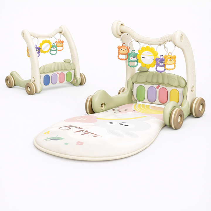 Sage green musical gym and upright walker with colorful piano keys, hanging toys, and a printed mat