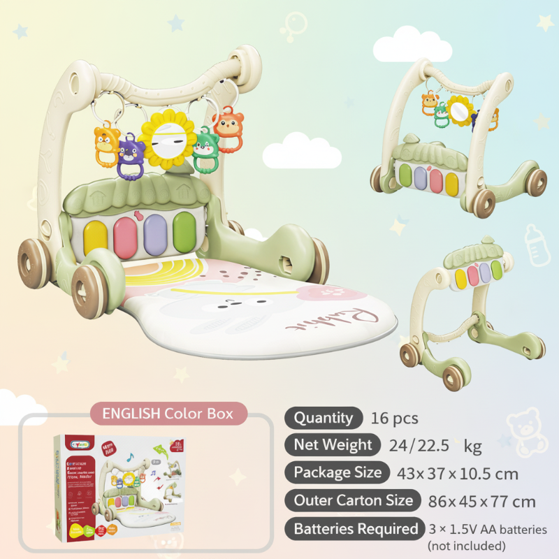 Sage green piano gym and walker in three configurations with hanging toys and a padded mat