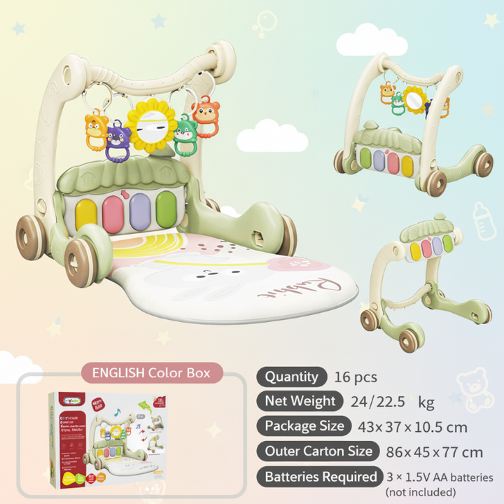 Sage green piano gym and walker in three configurations with hanging toys and a padded mat