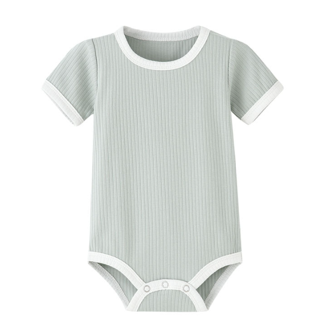 Sage green ribbed baby romper with white neckline, sleeve trim, and bottom snaps