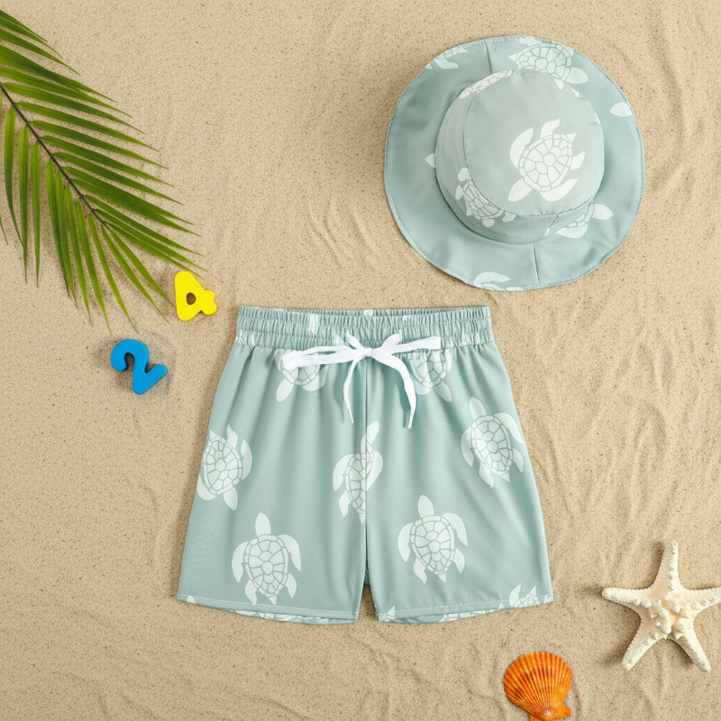 Sage green sea-turtle swim trunks with a matching bucket hat
