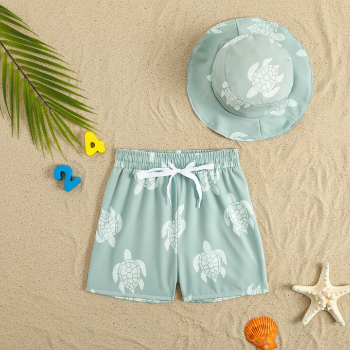 Sage green sea-turtle swim trunks with a matching bucket hat