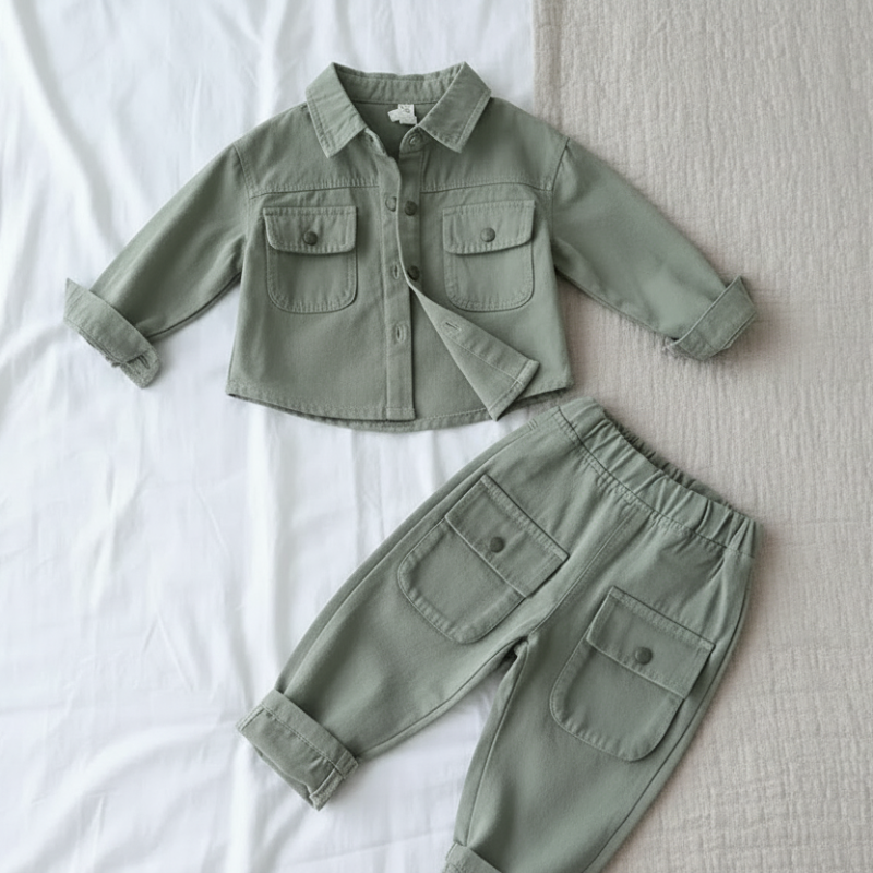 Sage green shirt and matching cargo pants arranged flat with cuffs rolled