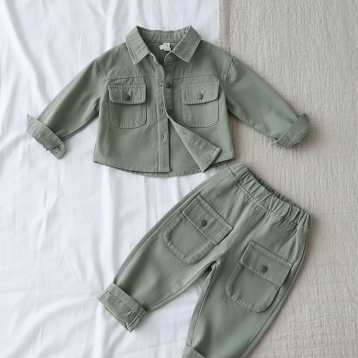 Sage green shirt and matching cargo pants arranged flat with cuffs rolled