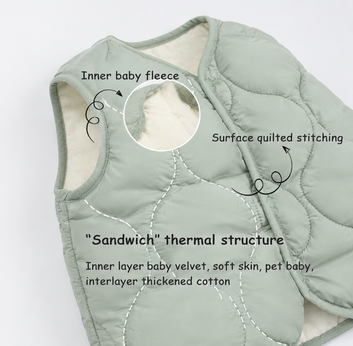 Sage green quilted baby vest with close-up details of the plush lining and layered construction.