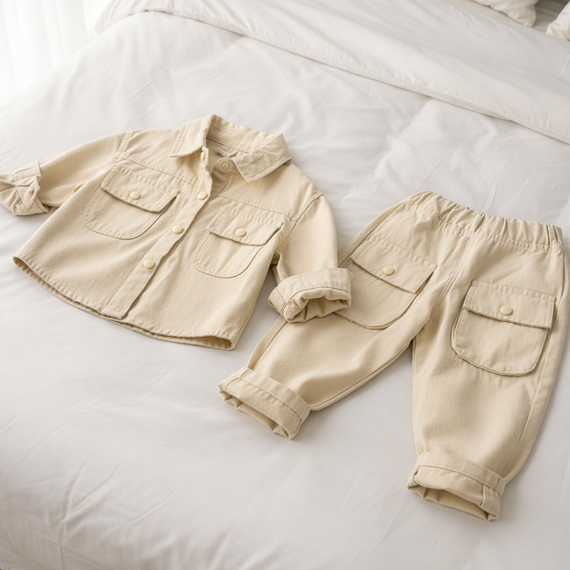 Sand beige two-piece set laid flat, with a collared shirt and elastic-waist cargo pants