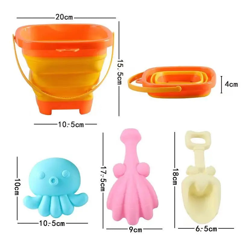 Dimensions for the expanded and folded bucket, octopus-shaped toy, rake and shovel.