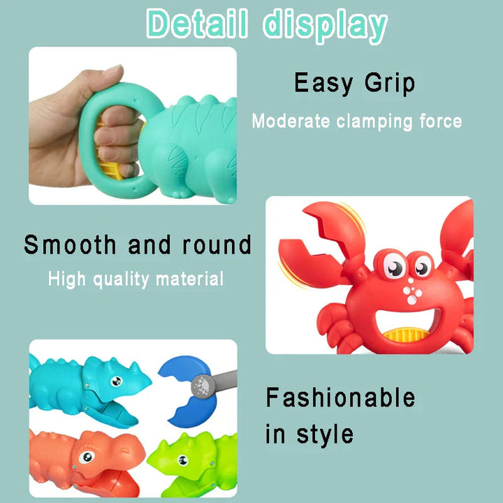Close-ups of a loop handle, red crab claws, and colorful dinosaur grabbers