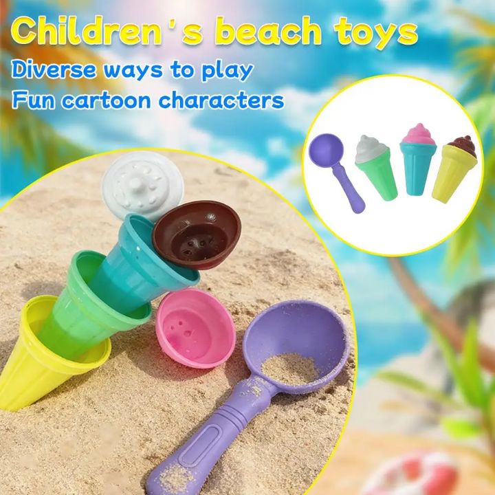 Stacked cone cups, pink, white, and brown ice cream molds, and a purple scoop in a beach toy collage