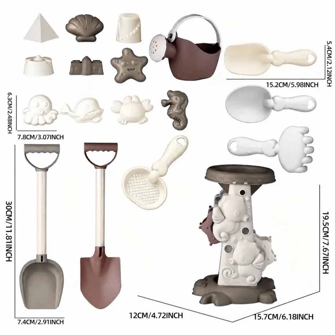 Measurement diagram of shovels, hand tools, sand molds, watering can, and sand mill
