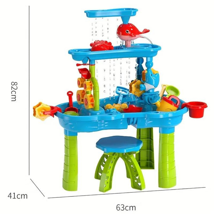 Sand and water table with a stool and measurement labels for width, depth, and height