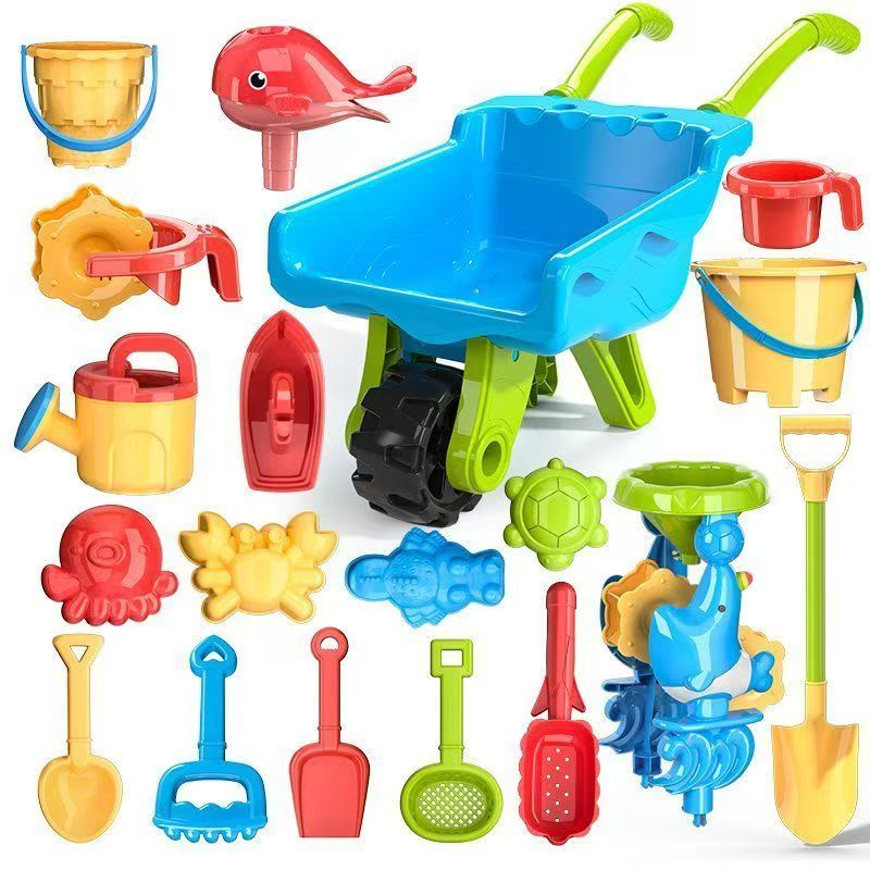 Blue and green toy wheelbarrow with buckets, molds, digging tools, a boat, and a sand mill