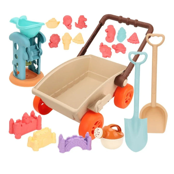 Beige beach wagon with orange wheels, a sand wheel, watering can, shovels and colorful molds