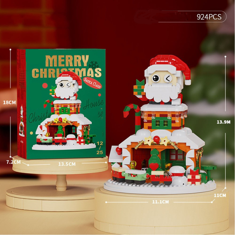 Santa building block model with a 924-piece count, measurements, and matching box
