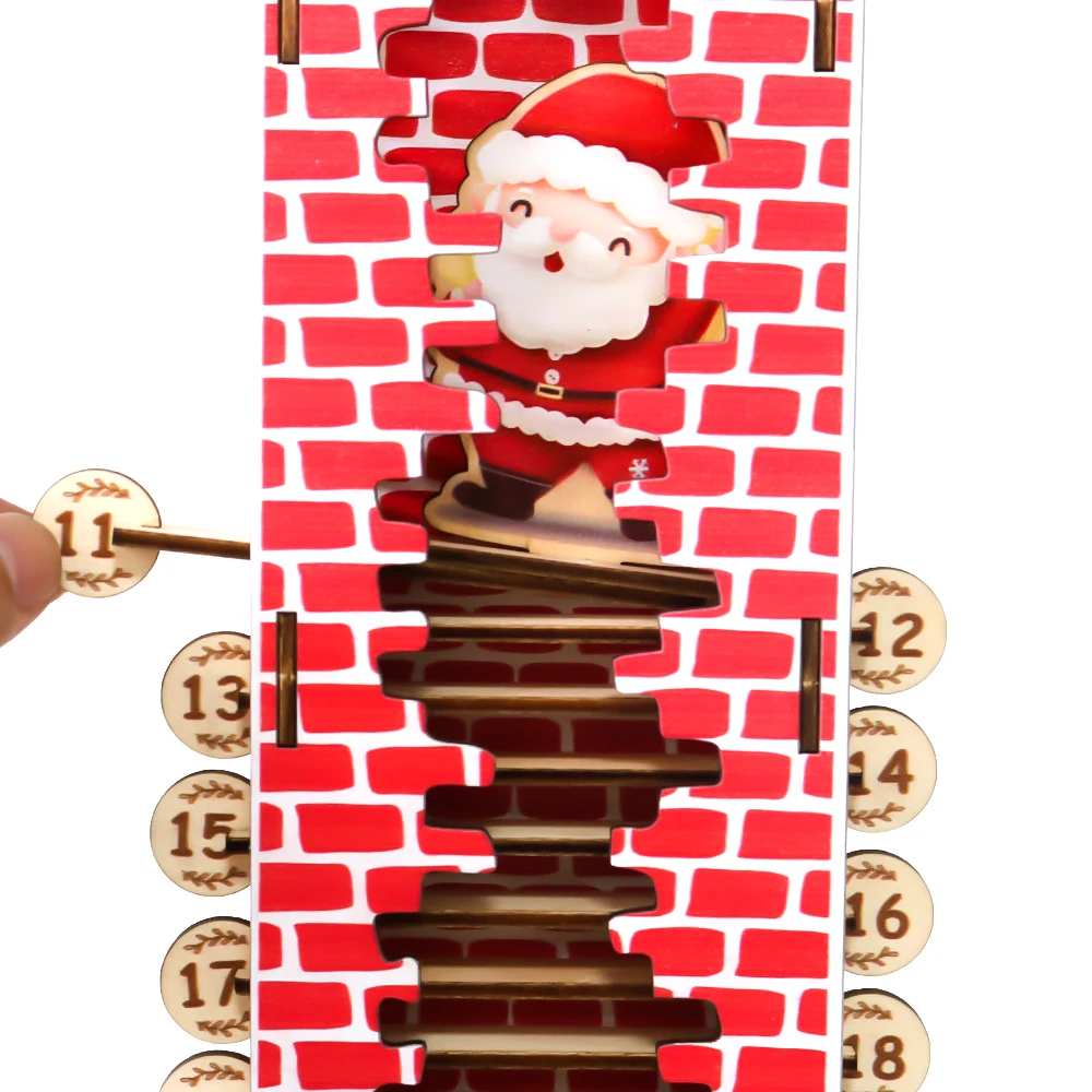 Close-up of Santa inside the red chimney with numbered wooden countdown pieces