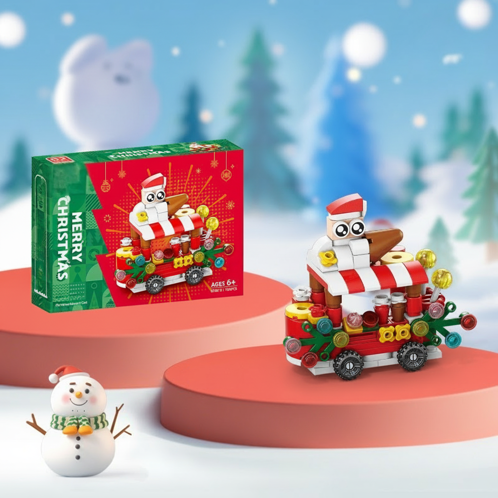 Red and green Christmas car building model with gifts and a Santa figure beside its box