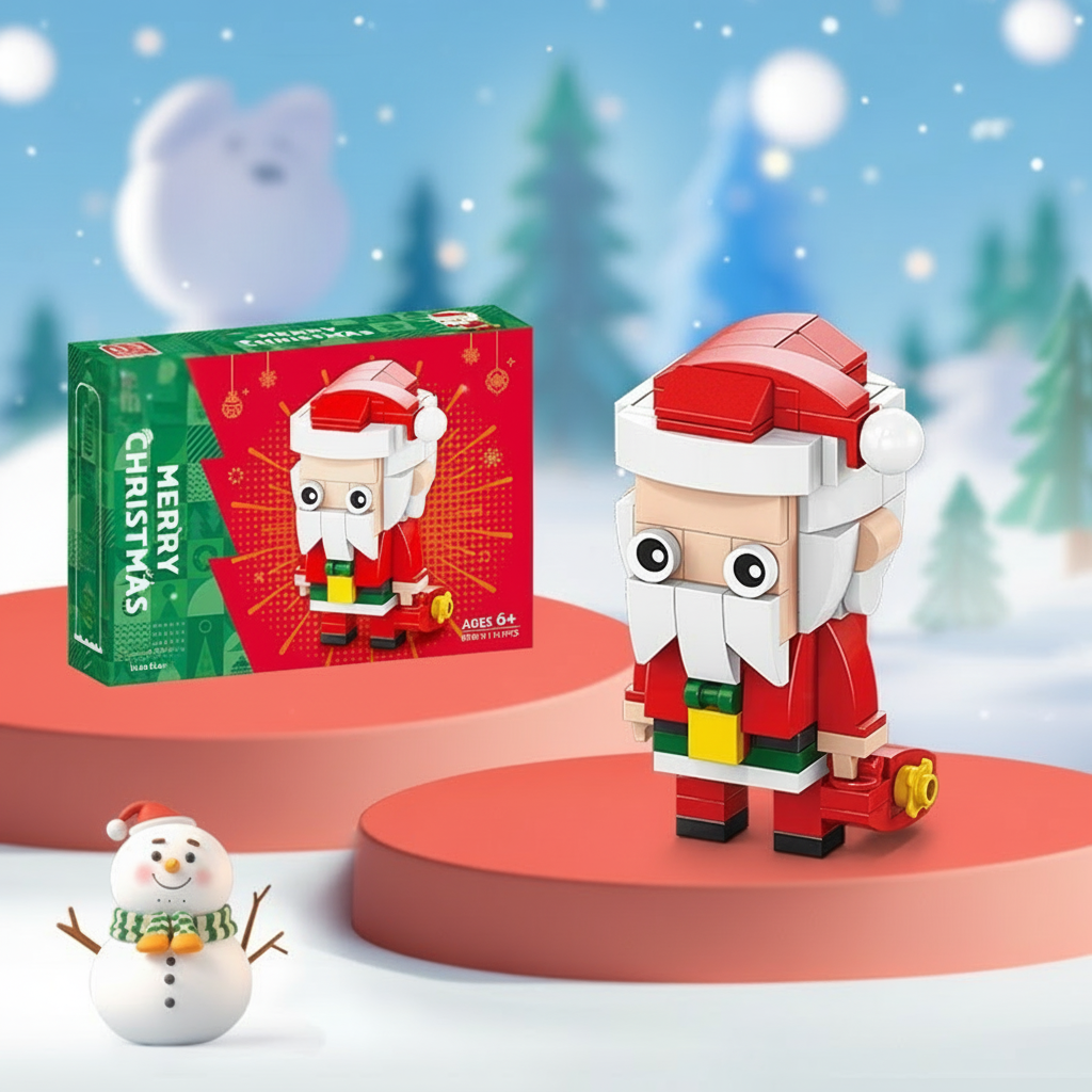 Santa Claus building block figure with a red hat and white beard beside its box