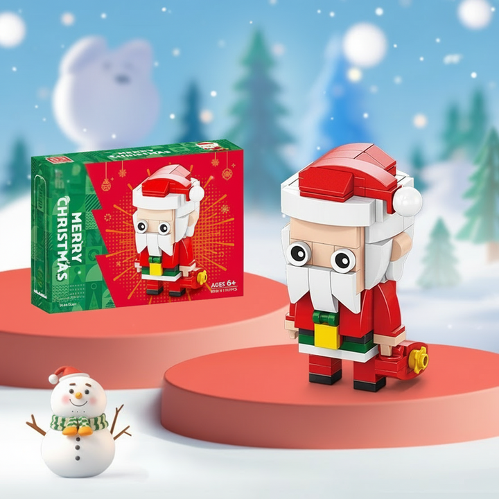 Santa Claus building block figure with a red hat and white beard beside its box