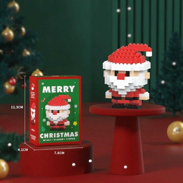 Mini Santa block figure with a red hat beside its box