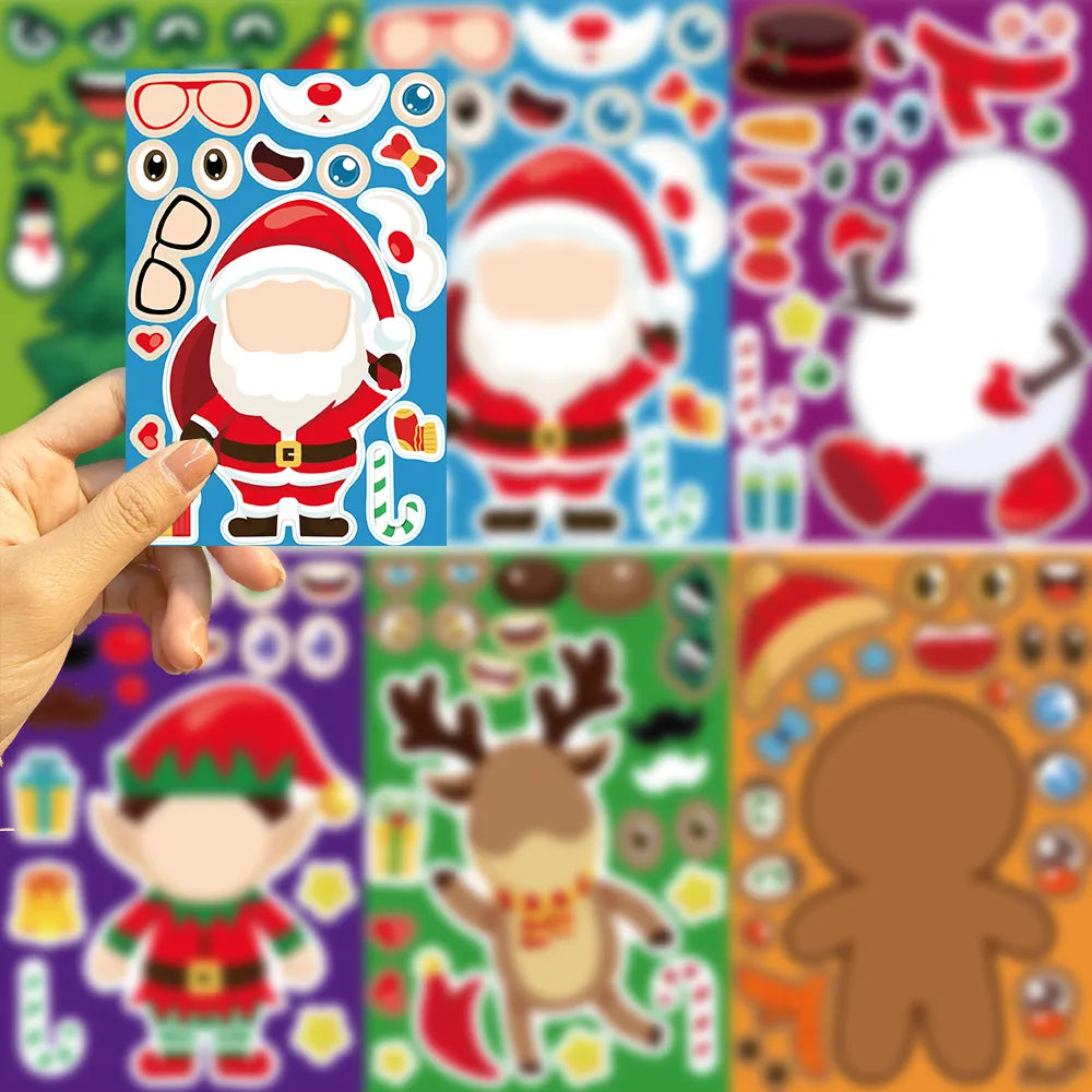 Hand holding a Santa sticker sheet with eyes, glasses, and festive accessories