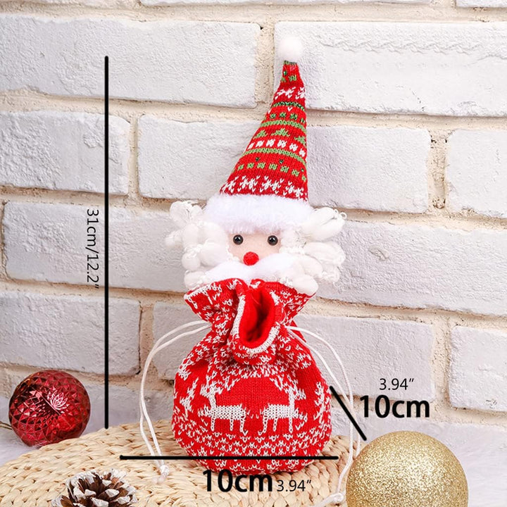 Santa gift bag with red and white reindeer-pattern fabric, showing measurements of 31 × 10 × 10 cm.