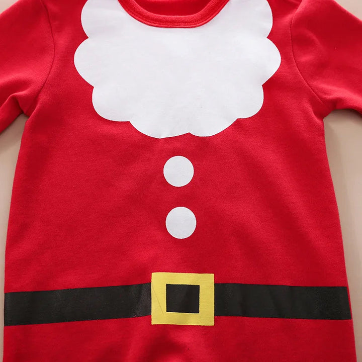Close-up of the white beard, button prints, and black belt design on the red baby Santa romper