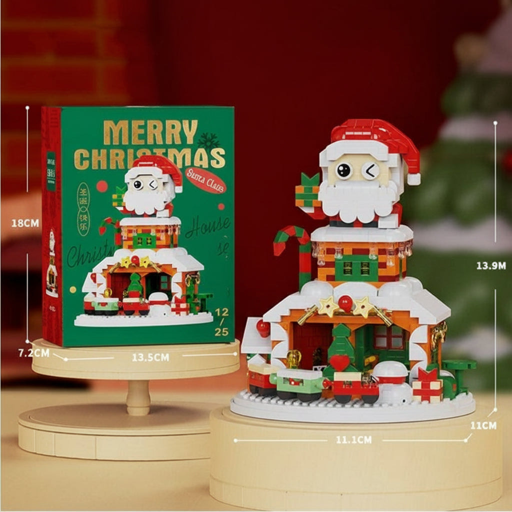 Santa-topped Christmas block house with model and box dimensions