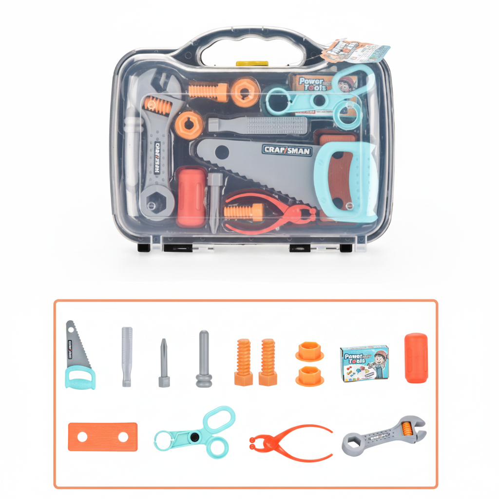 Sawing Tool Set with carrying case and a layout of the included toy tools and hardware